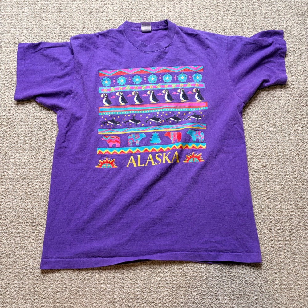 Vintage 90s XL Fruit of the Loom Alaska T Shirt Purple Single Stitch Mens